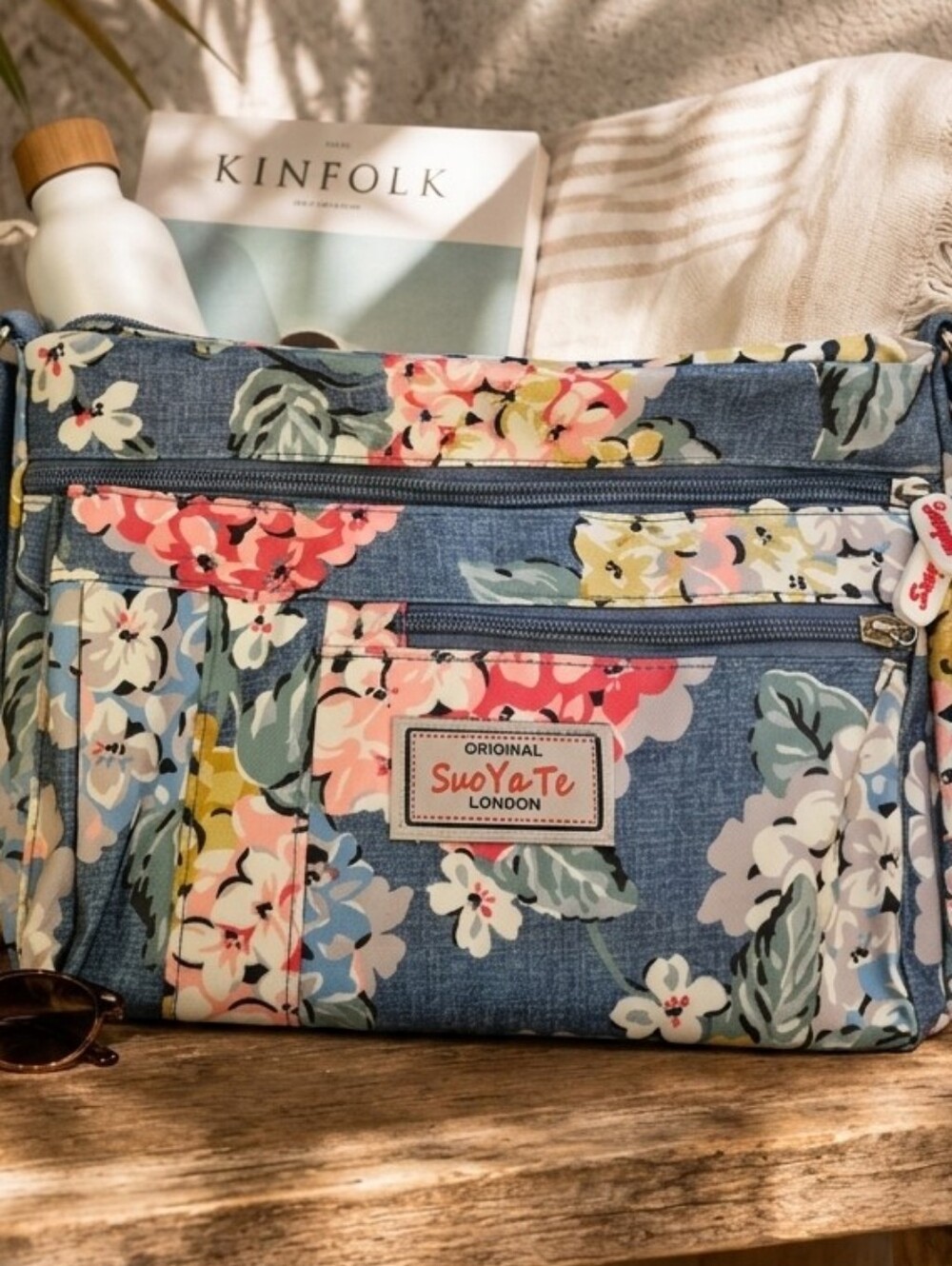 Floral Crossbody Bag Blue Lightweight Nylon Travel Shoulder Purse Multi-Pocket